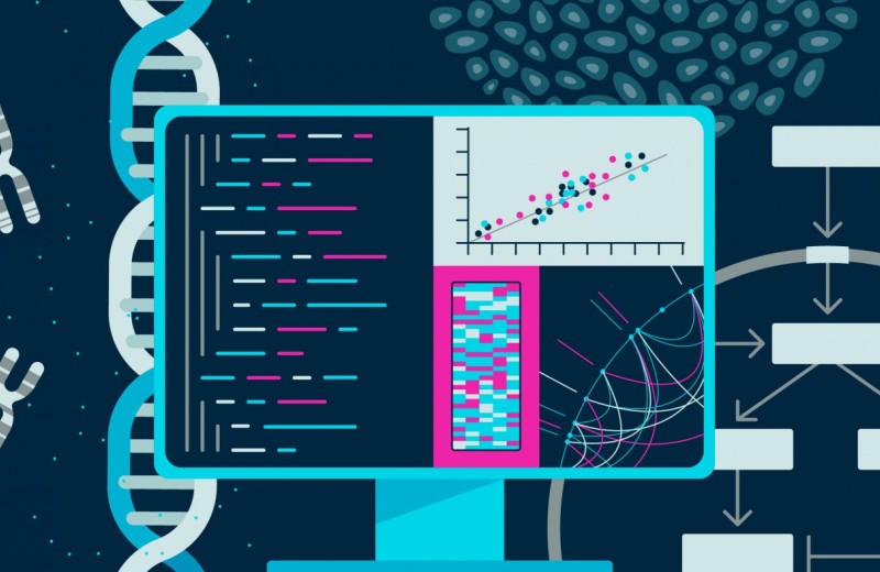 Illustration of computer with representations of data