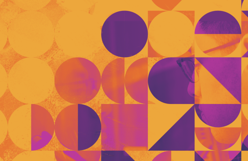Graphic of circles and and squares in amber, purple, and magenta covering a close up of person working in the background