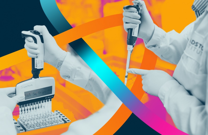 Scientists working in a lab with amber, magenta, and acid blue lines