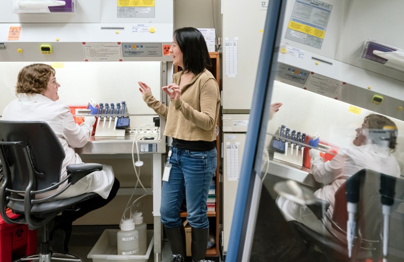 Ashley George and Nadia Roan in the lab at Gladstone Institutes