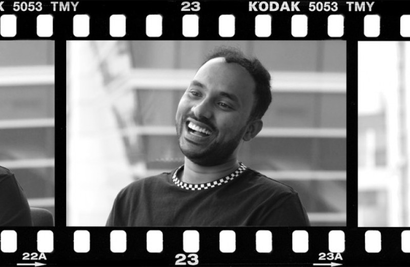 Black and white film strip with three photos of Sam Perli