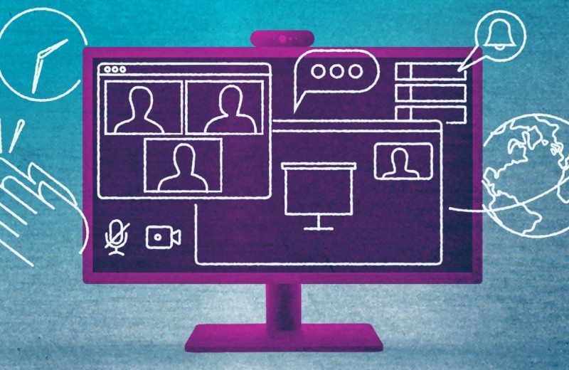 Editorial illustration of a virtual conference experience